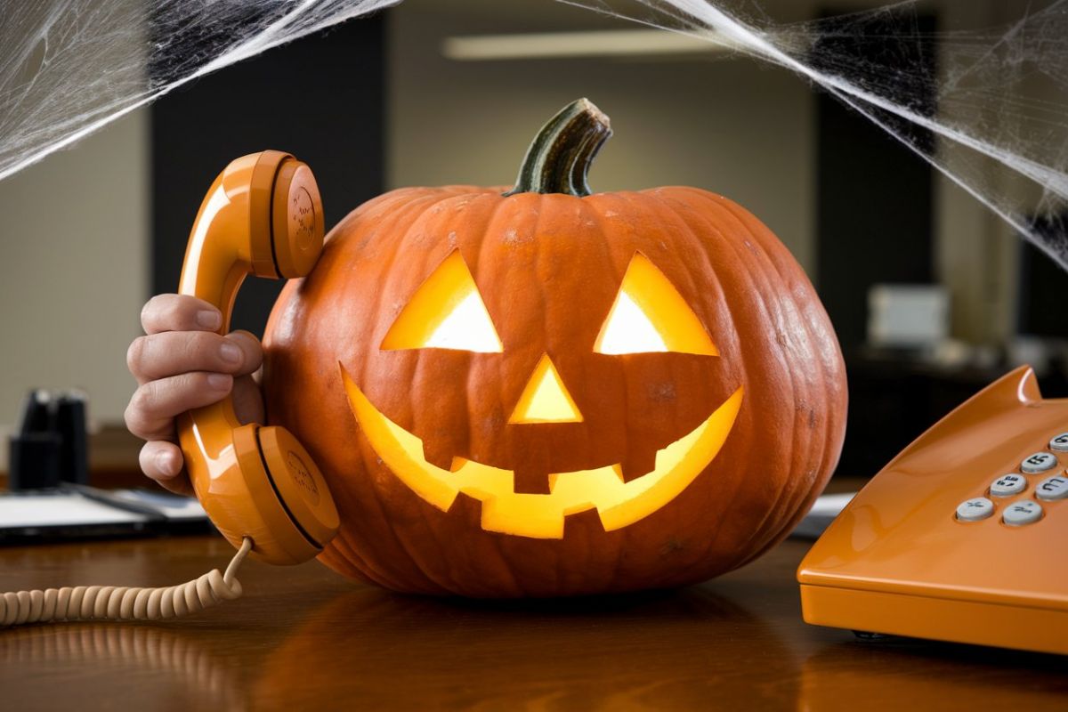 citrouille halloween avec un tlphone orange  la main dans son bureau